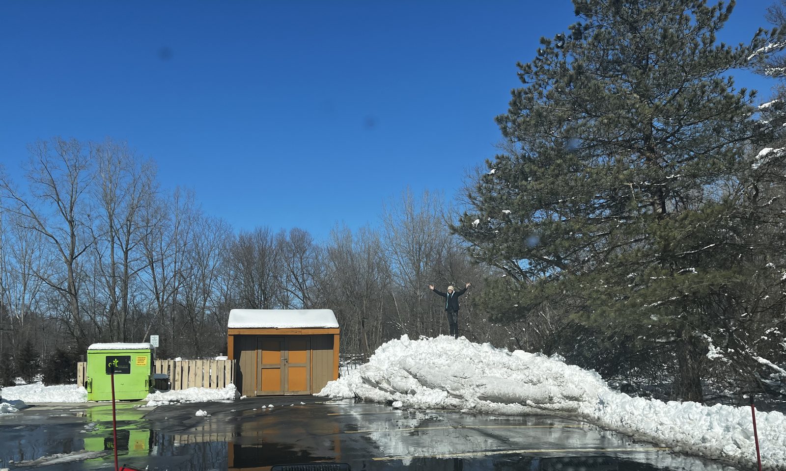 Cleared parking lot with a tall pile of plowed snow, photographed from the cab of a Freedom plow truck